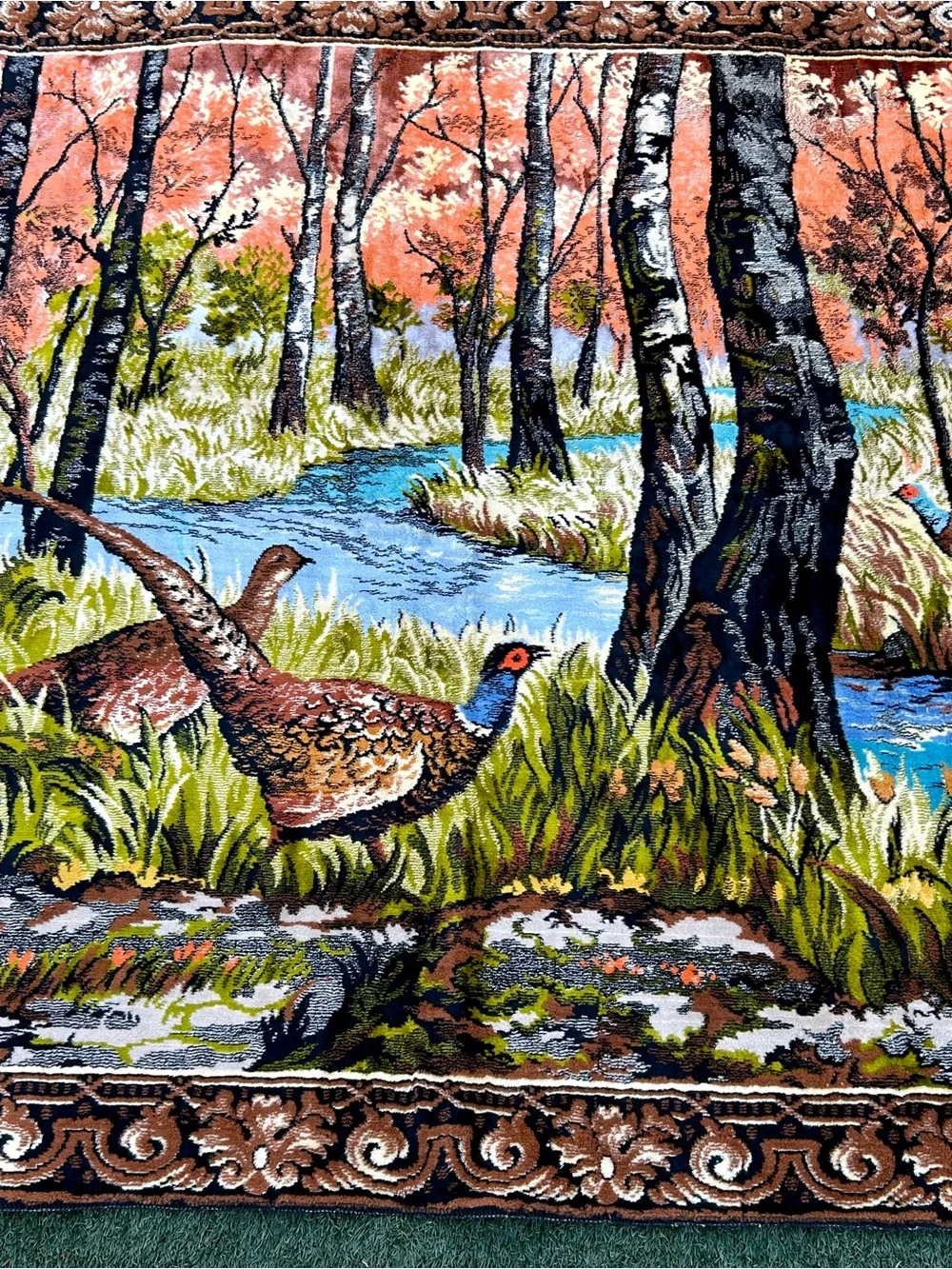 Autumn Pheasant Landscape Wall Tapestry in Rust and Blue